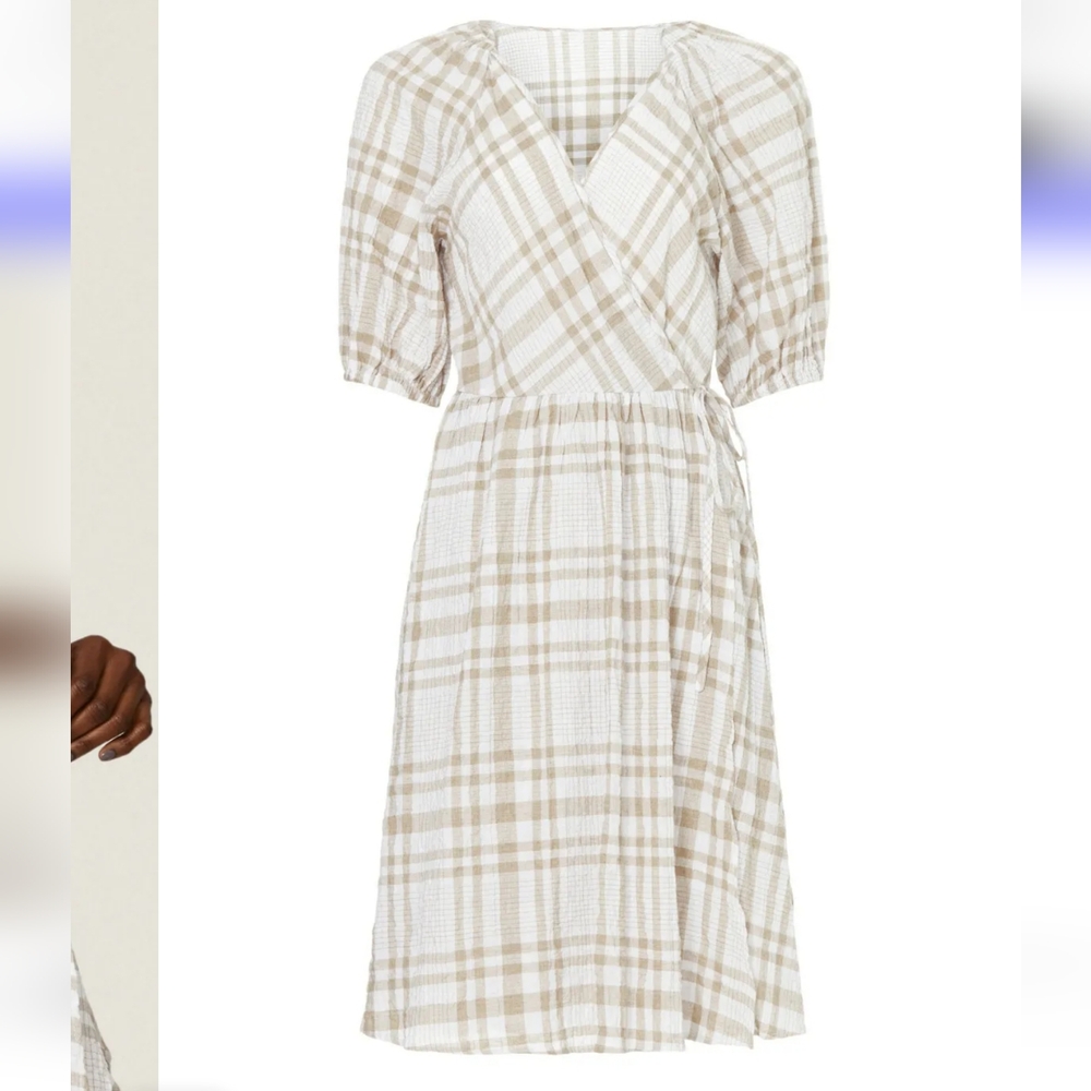 Love, Whit By Whitney Port Beige Summer Plaid Tie Wrap Dress Balloon Sleeves NWT